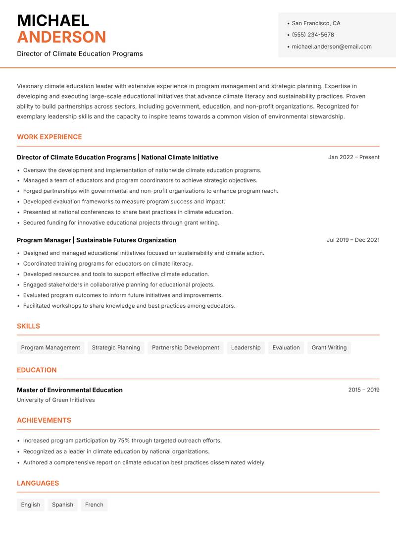 Climate Change Instructor resume sample — Director of Climate Education Programs focus