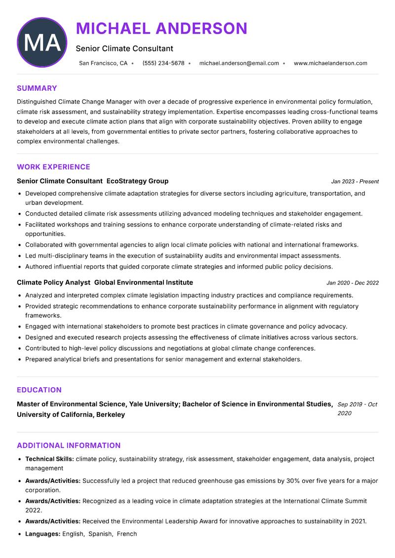 Climate Change Manager resume example