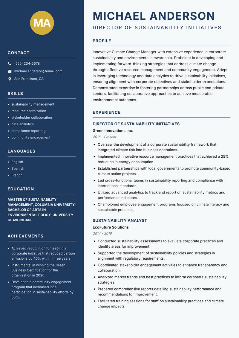 Climate Change Manager resume sample — Director of Sustainability Initiatives focus
