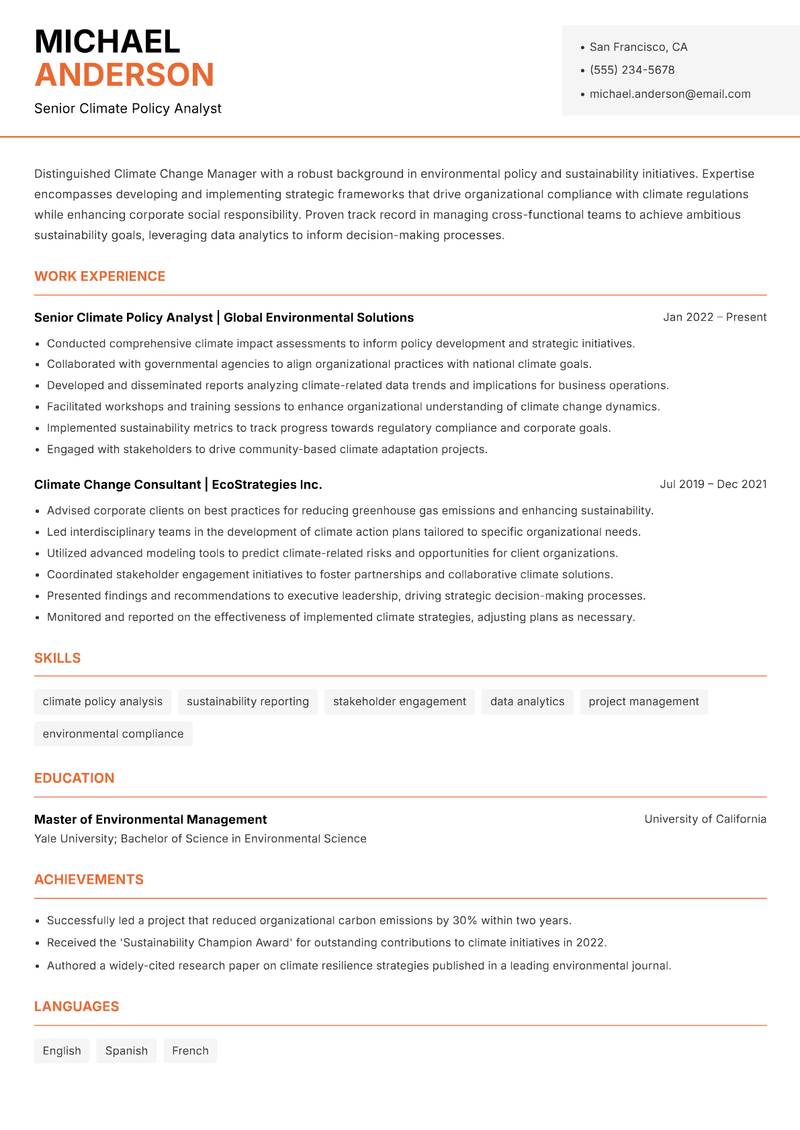 Climate Change Manager resume sample — Senior Climate Policy Analyst focus