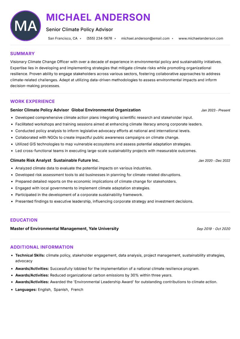 Climate Change Officer resume example