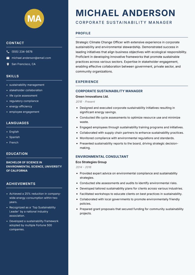 Climate Change Officer resume sample — Corporate Sustainability Manager focus