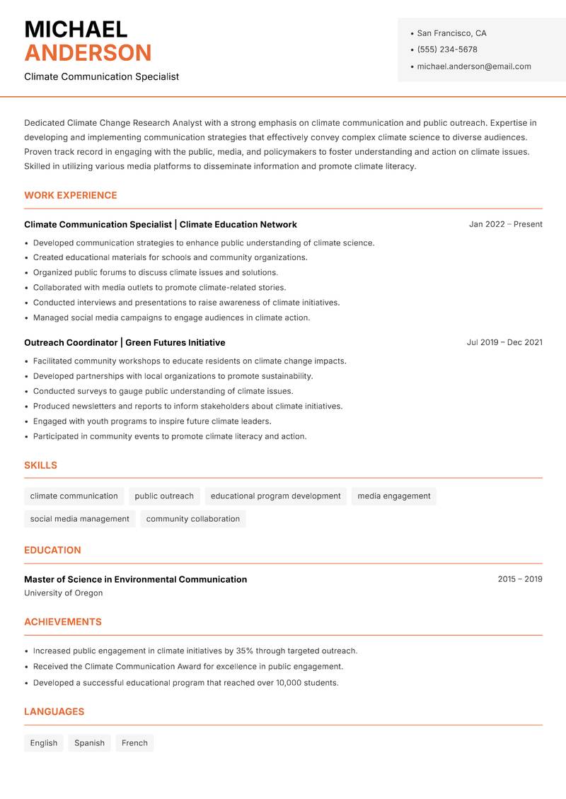 Climate Change Research Analyst resume sample — Climate Communication Specialist focus