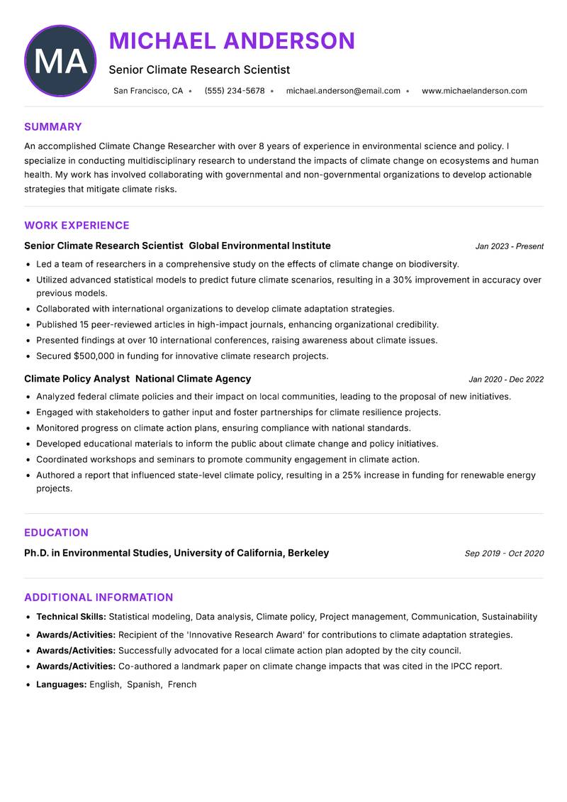 Climate Change Researcher resume example