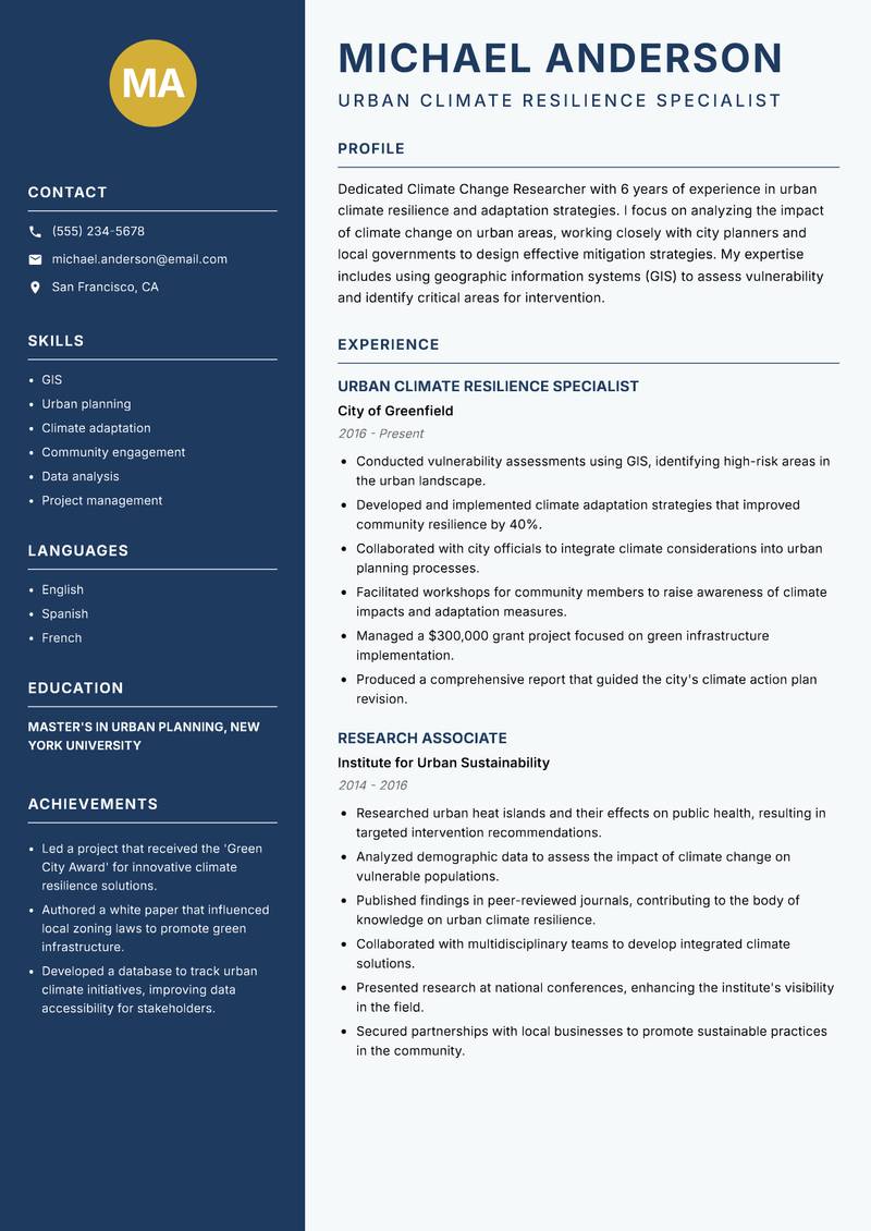 Climate Change Researcher resume sample — Urban Climate Resilience Specialist focus