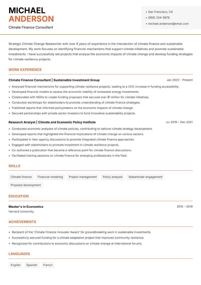 Climate Change Researcher resume sample — Climate Finance Consultant focus