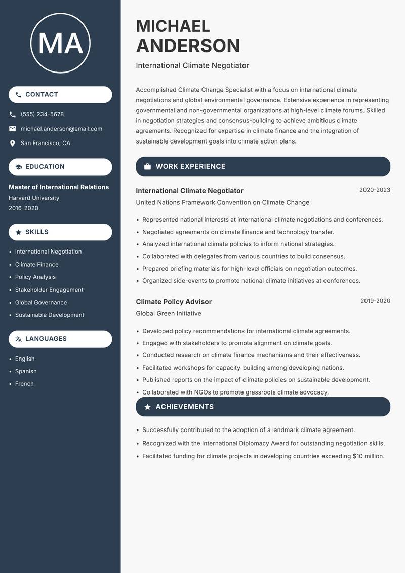 Climate Change Specialist resume sample — International Climate Negotiator focus