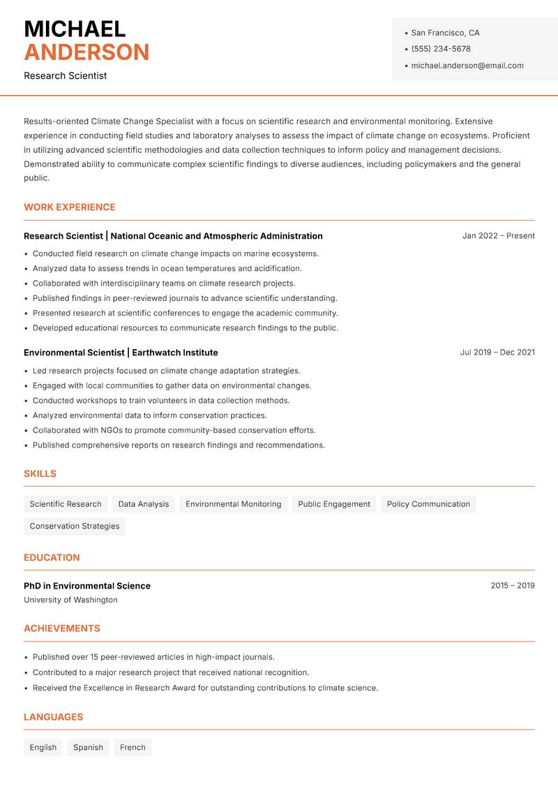 Climate Change Specialist resume sample — Research Scientist focus