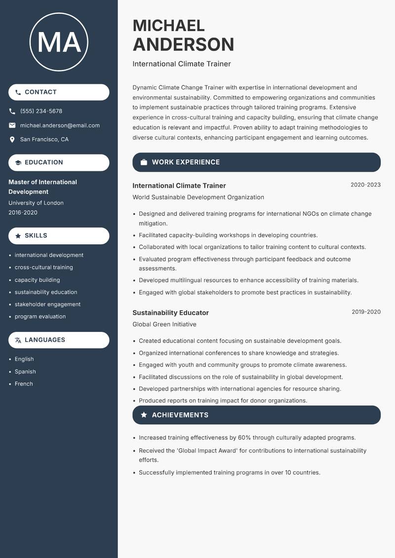 Climate Change Trainer resume sample — International Climate Trainer focus