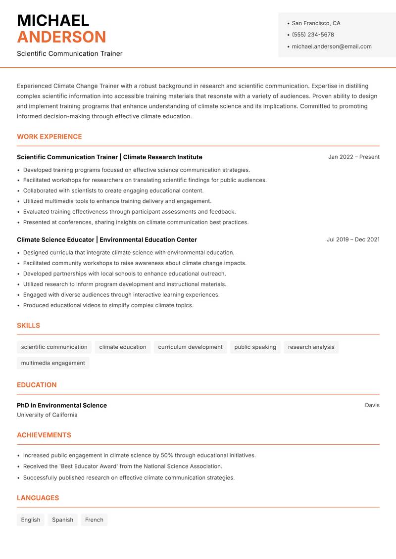 Climate Change Trainer resume sample — Scientific Communication Trainer focus
