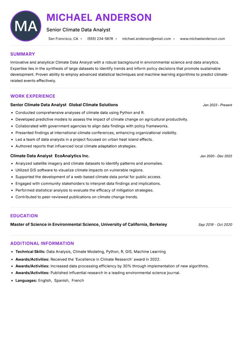 Climate Data Analyst resume example