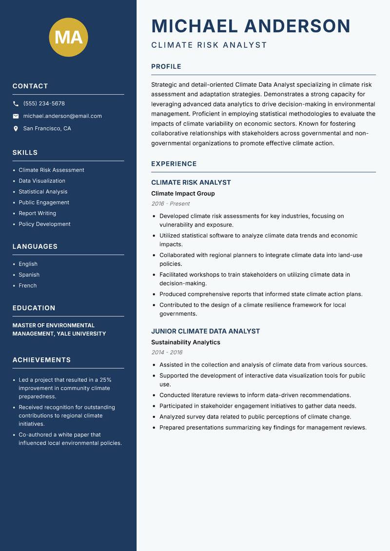 Climate Data Analyst resume sample — Climate Risk Analyst focus