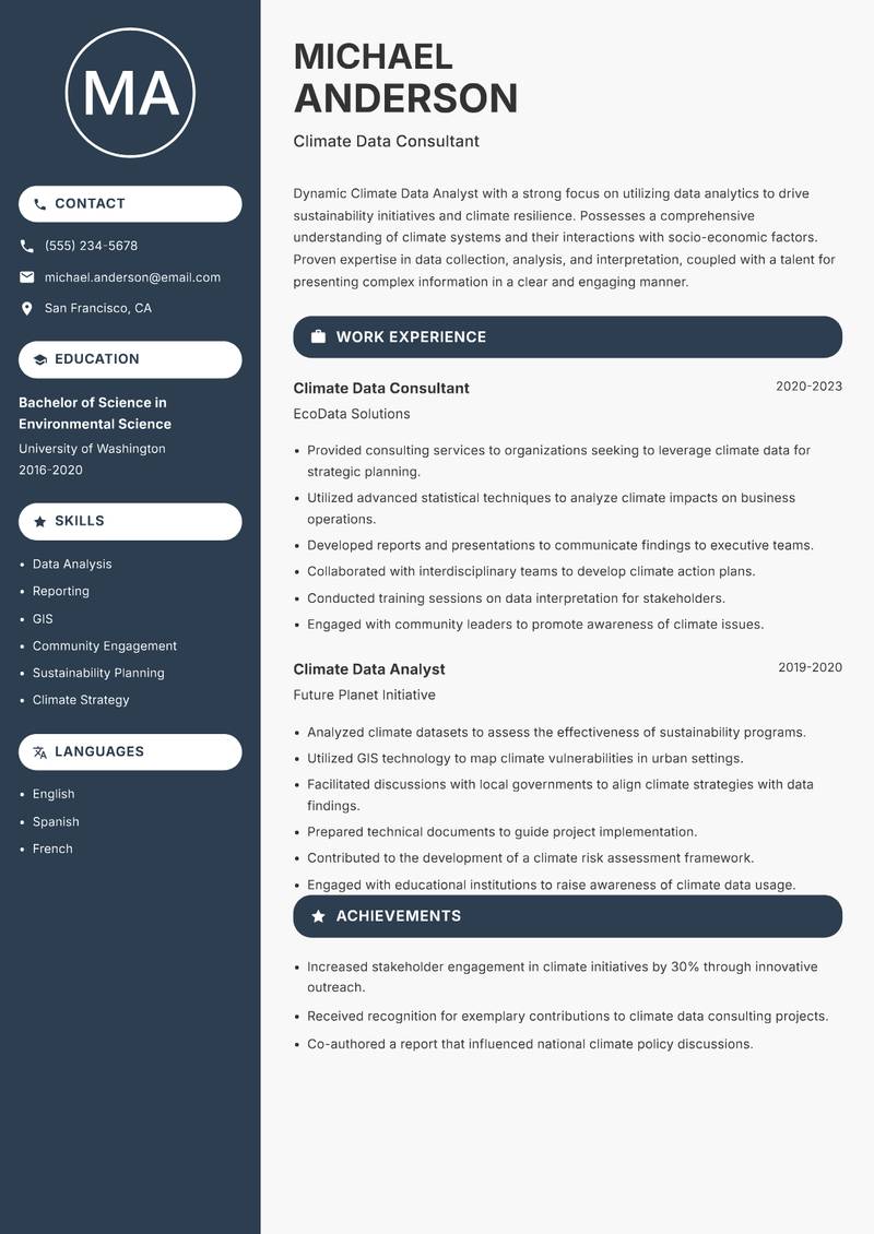 Climate Data Analyst resume sample — Climate Data Consultant focus