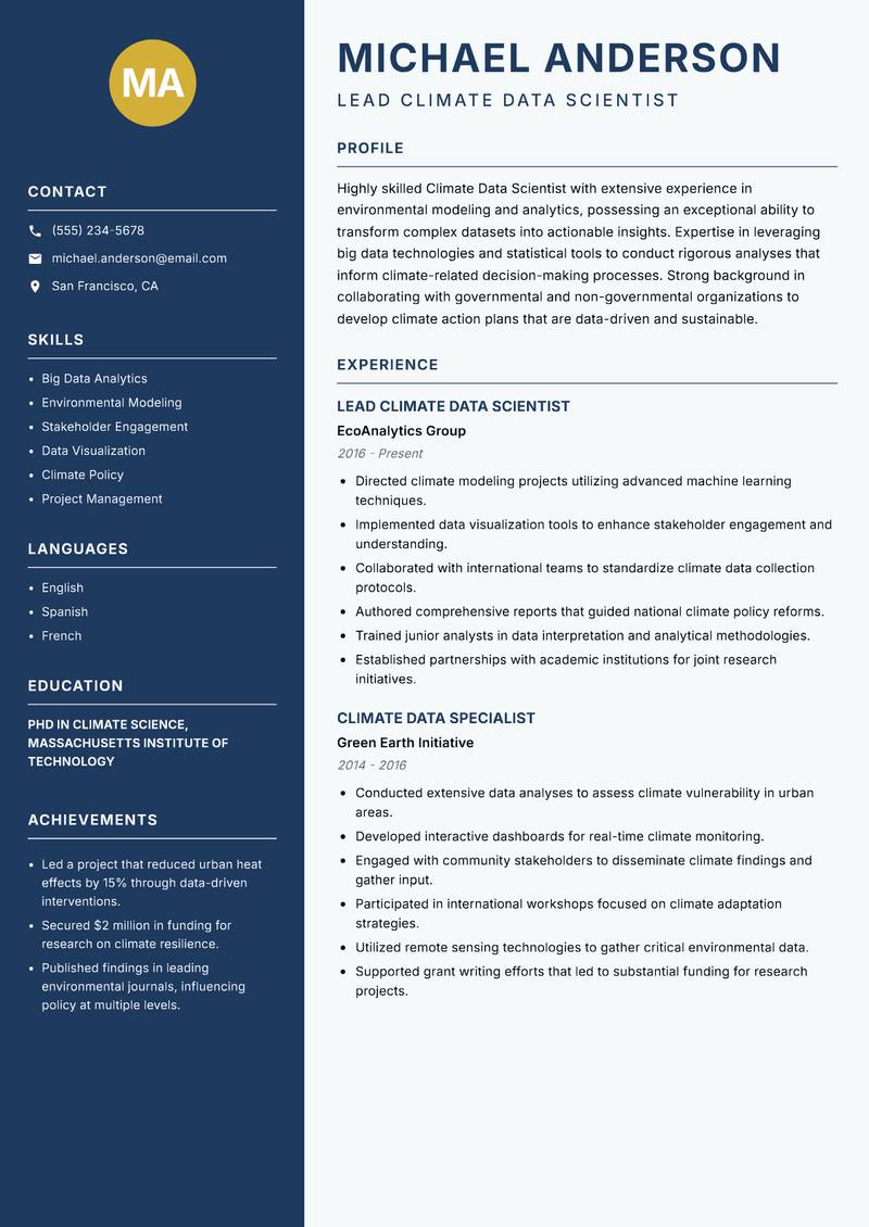 Climate Data Scientist resume sample — Lead Climate Data Scientist focus