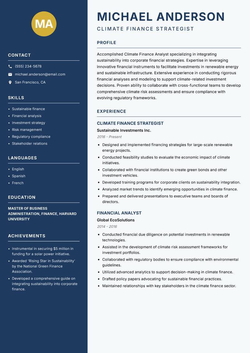 Climate Finance Analyst resume sample — Climate Finance Strategist focus