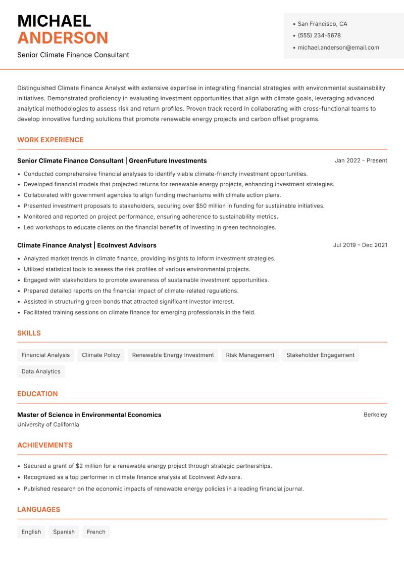 Climate Finance Analyst resume sample — Senior Climate Finance Consultant focus