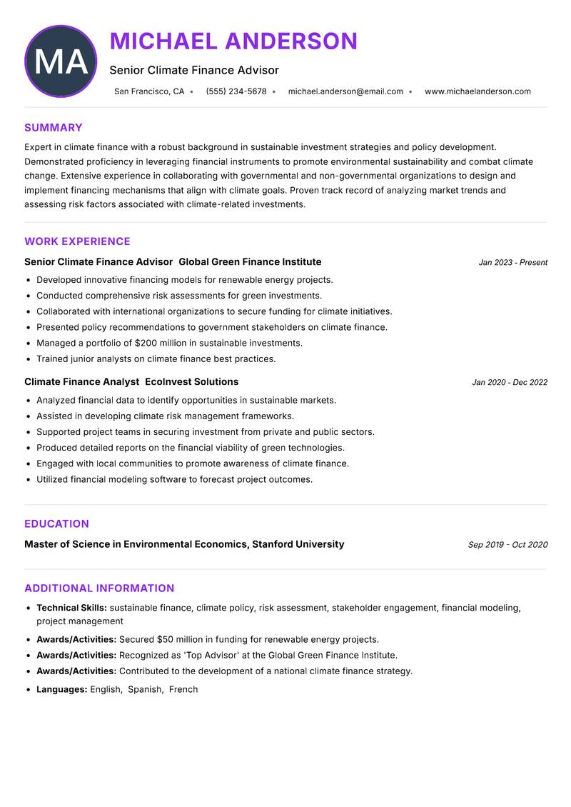 Climate Finance Specialist resume example