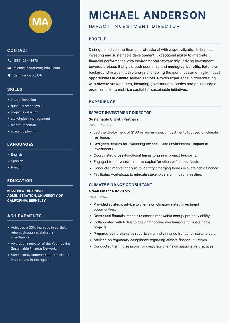 Climate Finance Specialist resume sample — Impact Investment Director focus