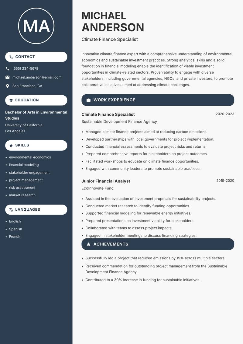Climate Finance Specialist resume sample — Climate Finance Specialist focus