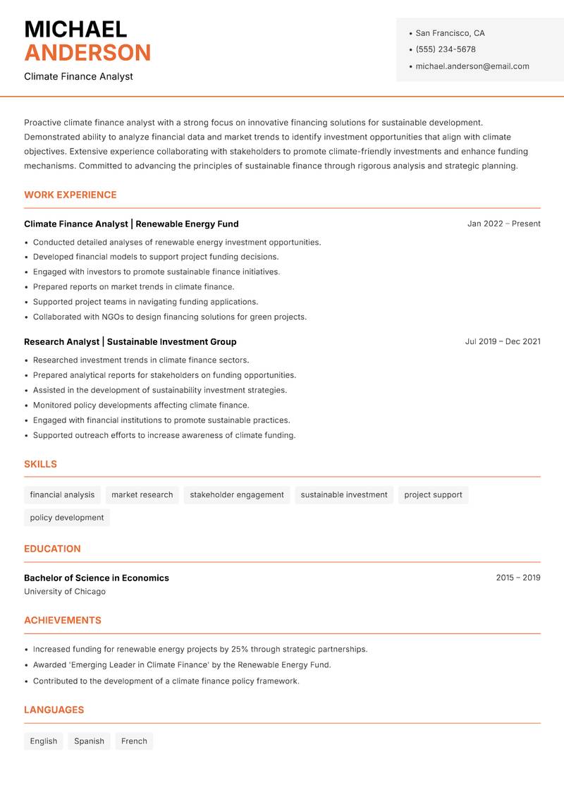 Climate Finance Specialist resume sample — Climate Finance Analyst focus