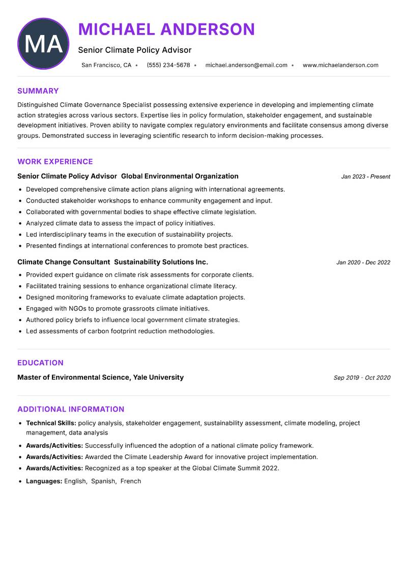 Climate Governance Specialist resume example