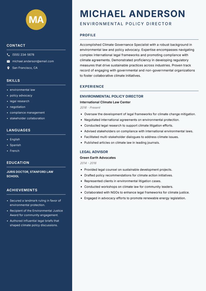 Climate Governance Specialist resume sample — Environmental Policy Director focus
