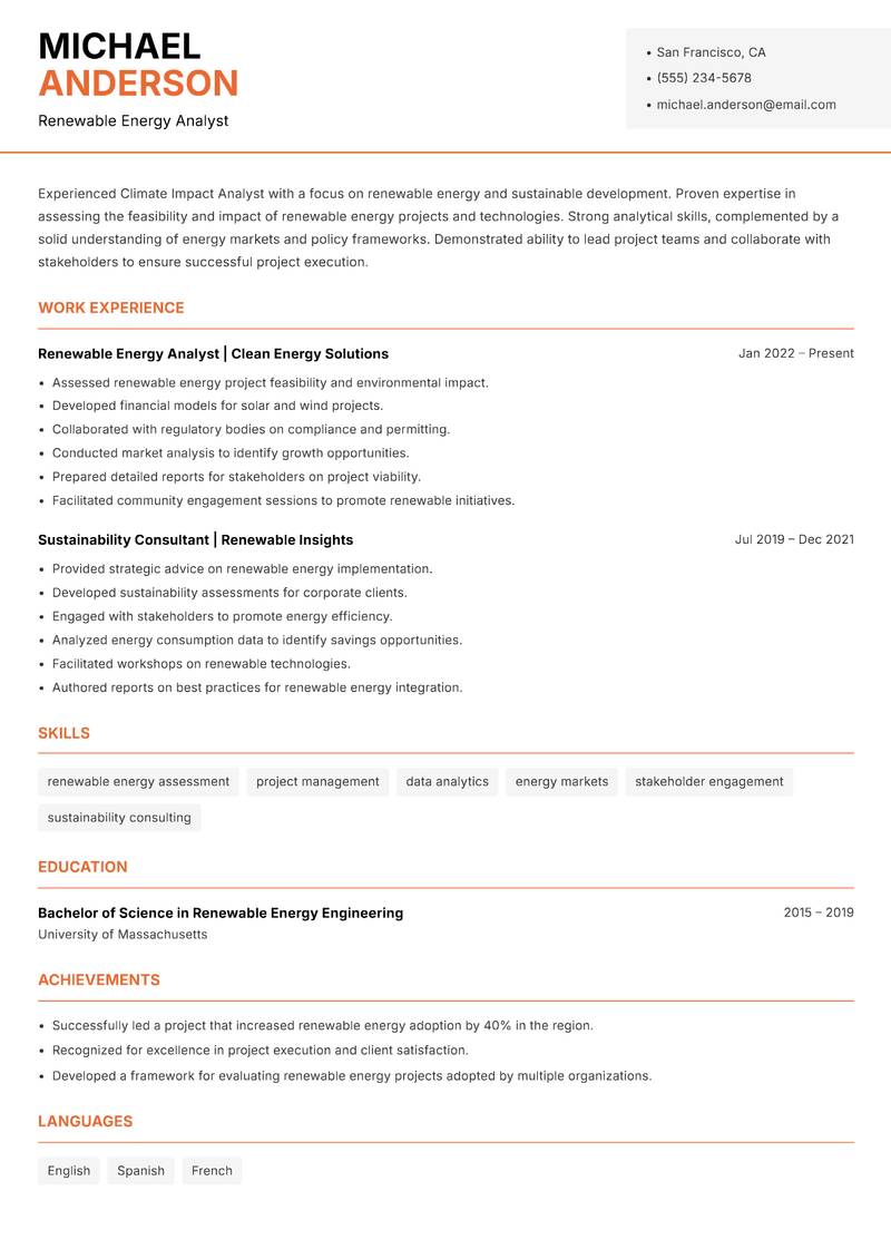 Climate Impact Analyst resume sample — Renewable Energy Analyst focus