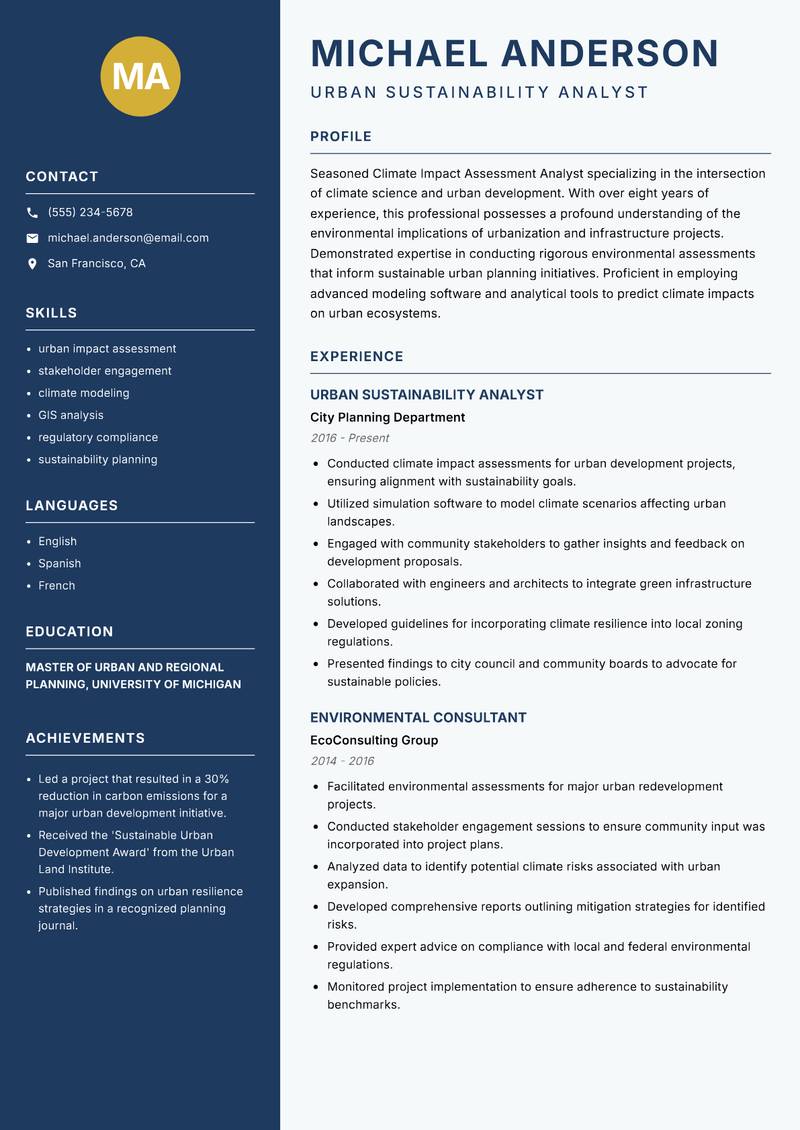 Climate Impact Assessment Analyst resume sample — Urban Sustainability Analyst focus