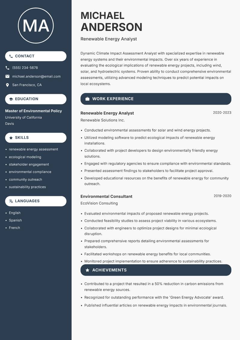 Climate Impact Assessment Analyst resume sample — Renewable Energy Analyst focus