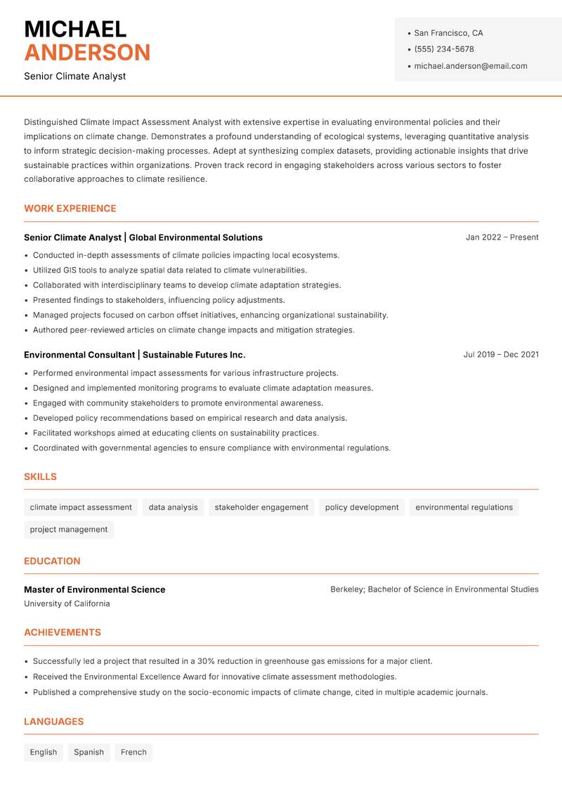 Climate Impact Assessment Analyst resume sample — Senior Climate Analyst focus