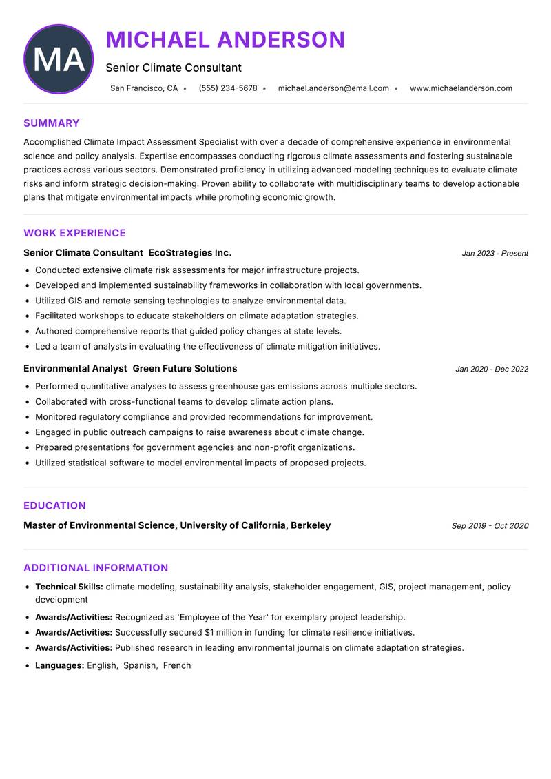 Climate Impact Assessment Specialist resume example