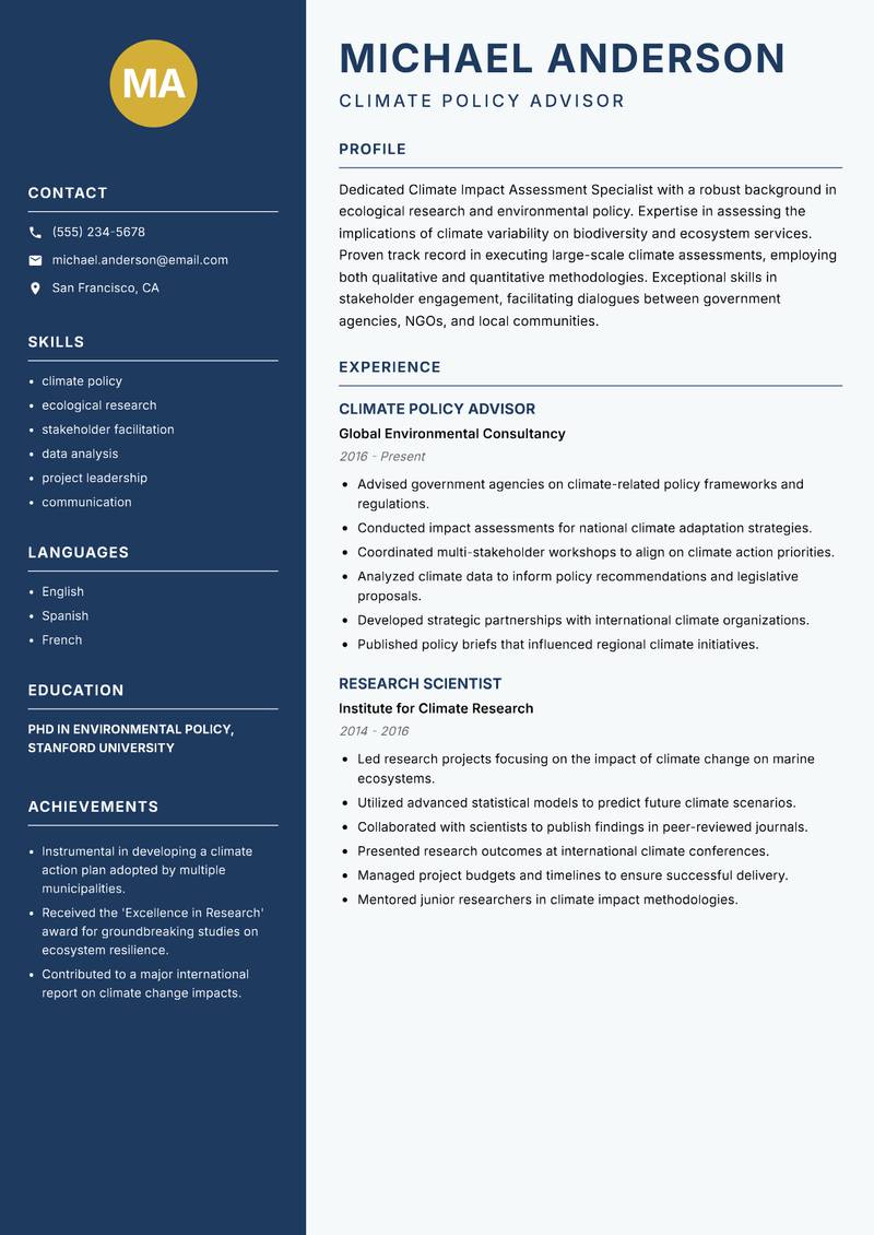 Climate Impact Assessment Specialist resume sample — Climate Policy Advisor focus