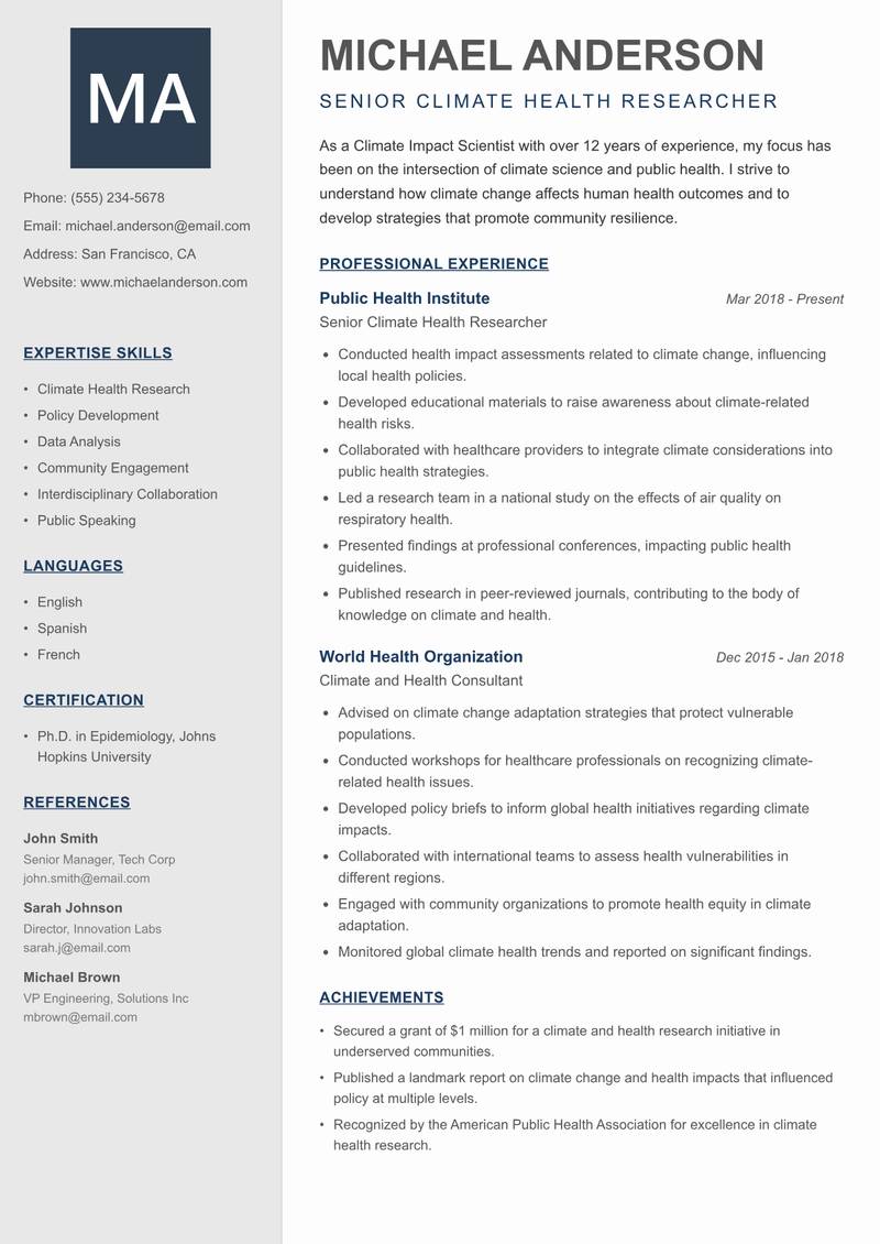 Climate Impact Scientist resume sample — Senior Climate Health Researcher focus