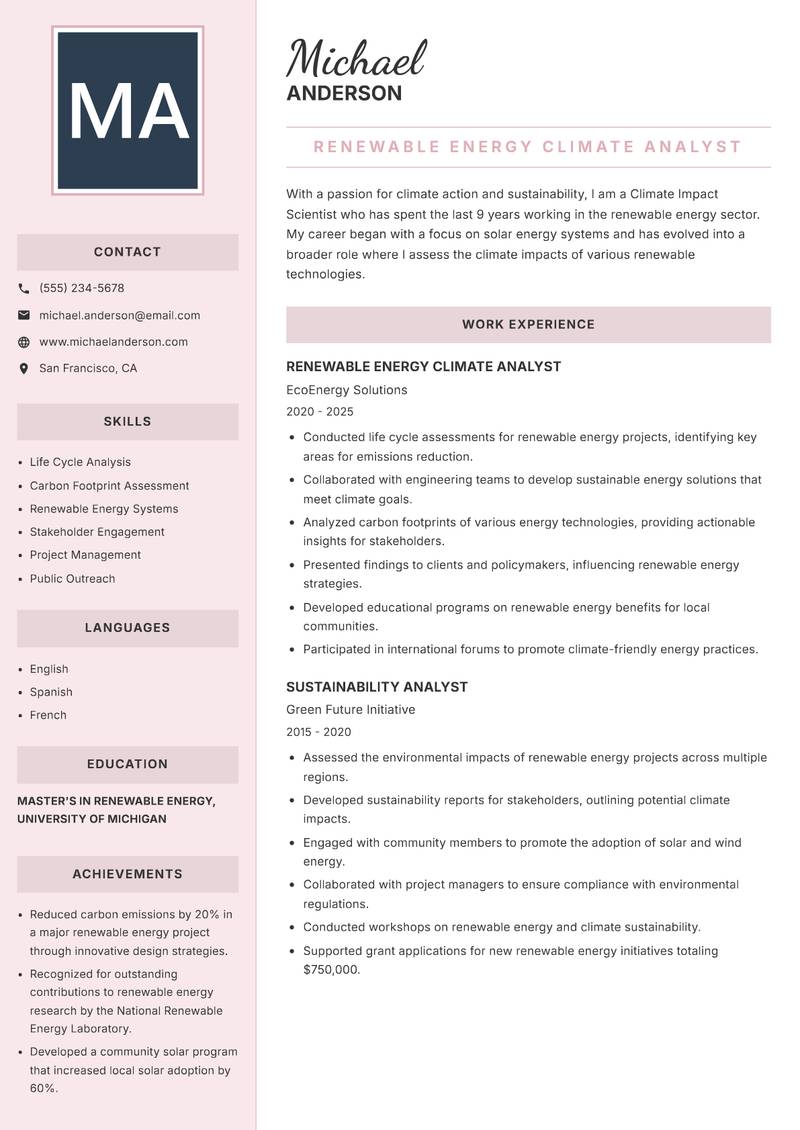 Climate Impact Scientist resume sample — Renewable Energy Climate Analyst focus