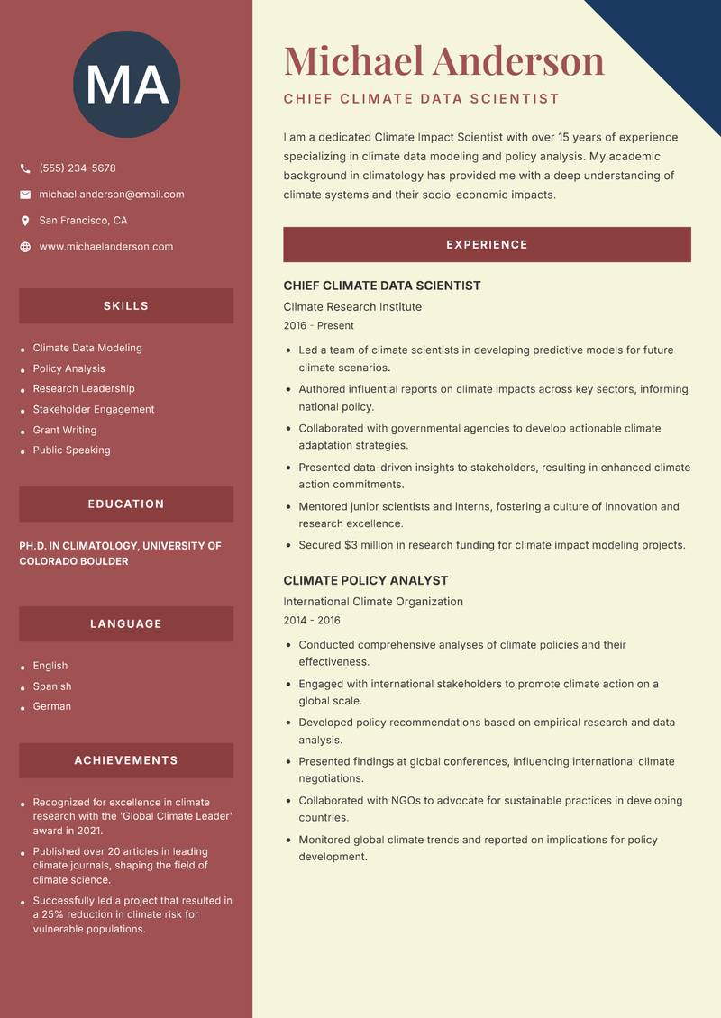 Climate Impact Scientist resume sample — Chief Climate Data Scientist focus