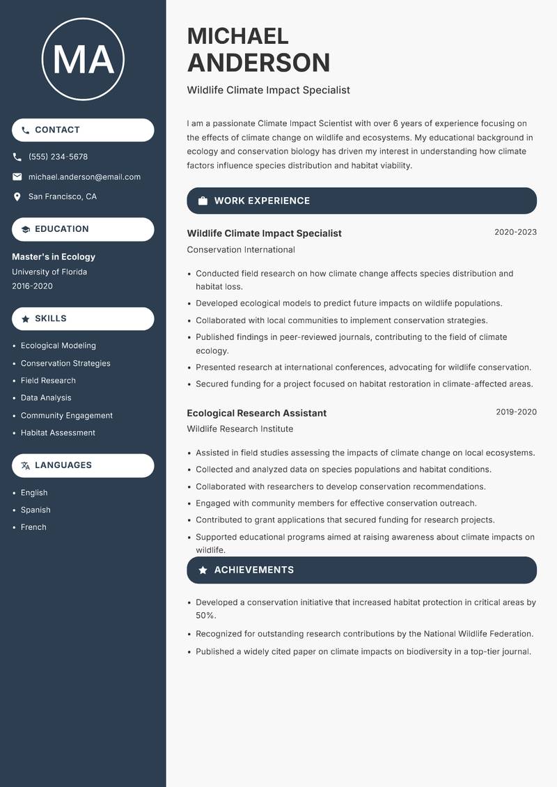 Climate Impact Scientist resume sample — Wildlife Climate Impact Specialist focus