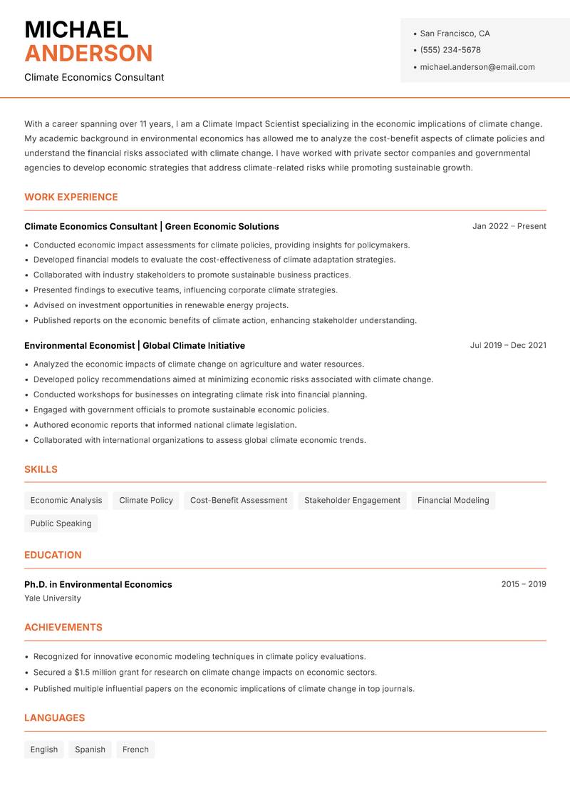 Climate Impact Scientist resume sample — Climate Economics Consultant focus