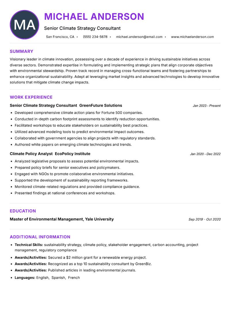 Climate Innovation Manager resume example