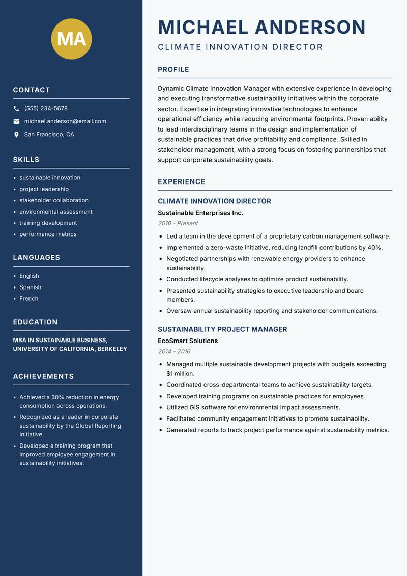 Climate Innovation Manager resume sample — Climate Innovation Director focus