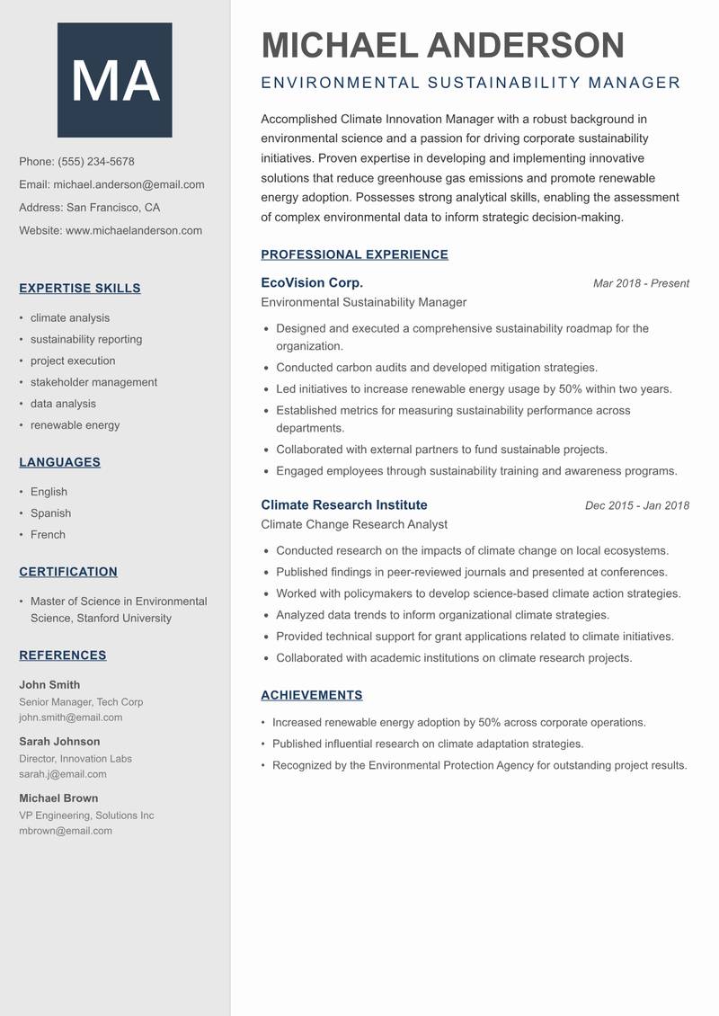 Climate Innovation Manager resume sample — Environmental Sustainability Manager focus