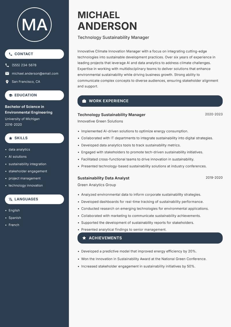 Climate Innovation Manager resume sample — Technology Sustainability Manager focus