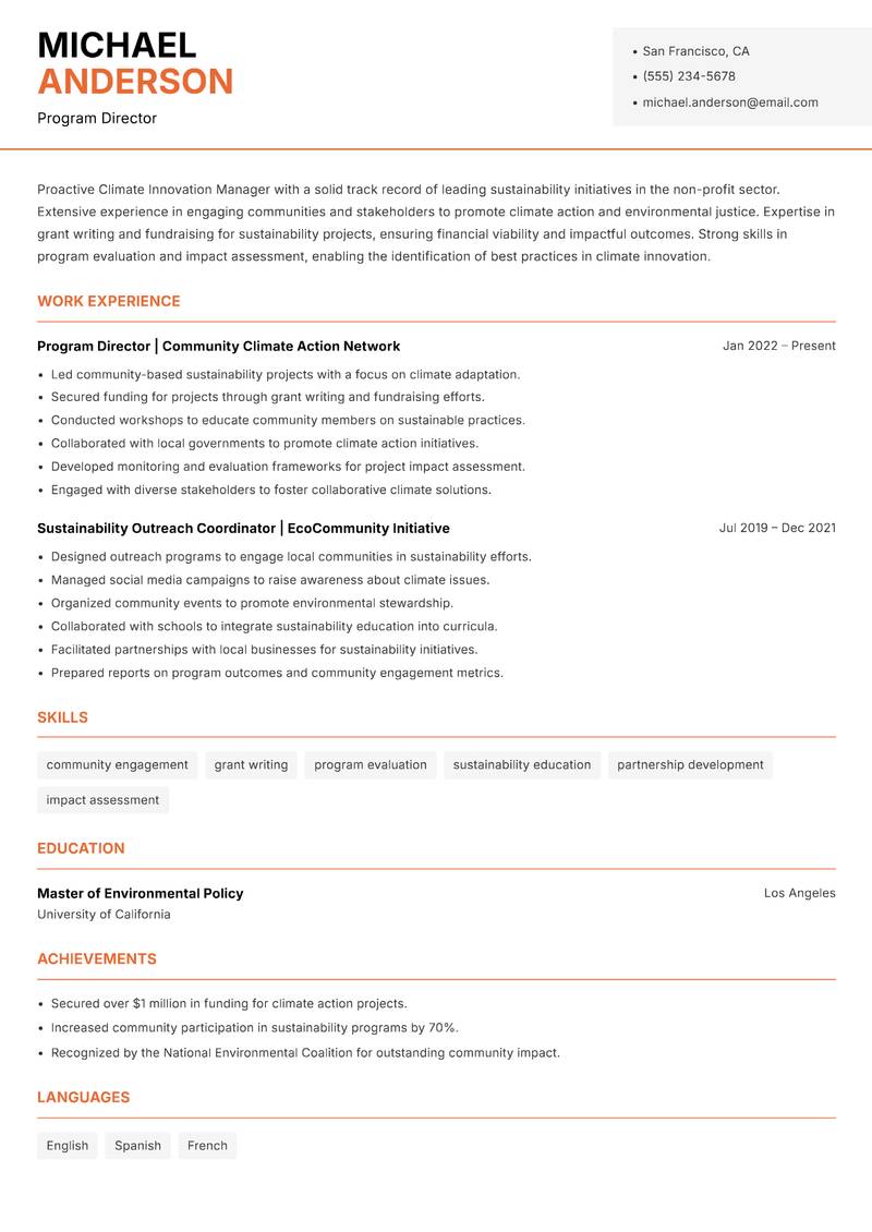 Climate Innovation Manager resume sample — Program Director focus