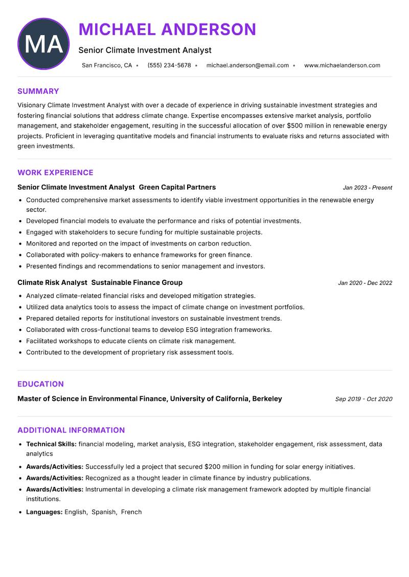 Climate Investment Analyst resume example