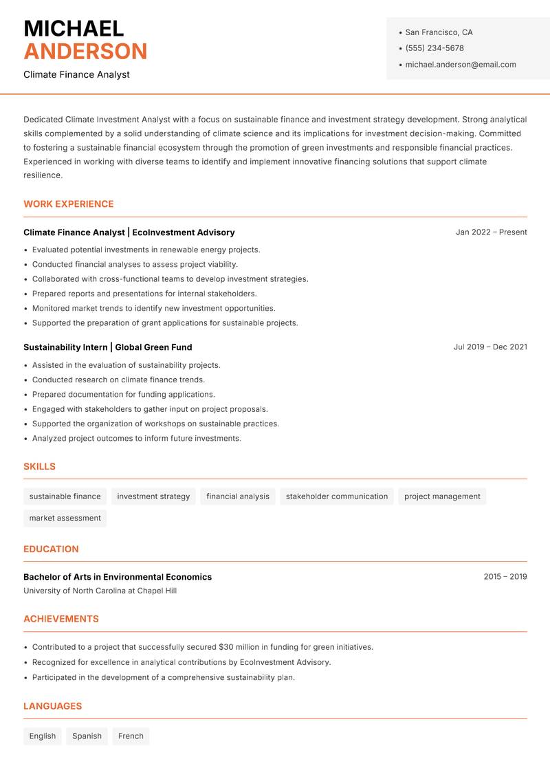 Climate Investment Analyst resume sample — Climate Finance Analyst focus