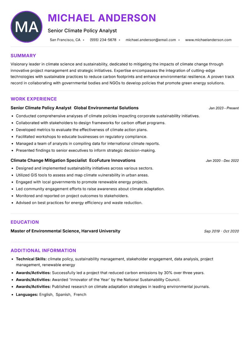 Climate Mitigation Manager resume example
