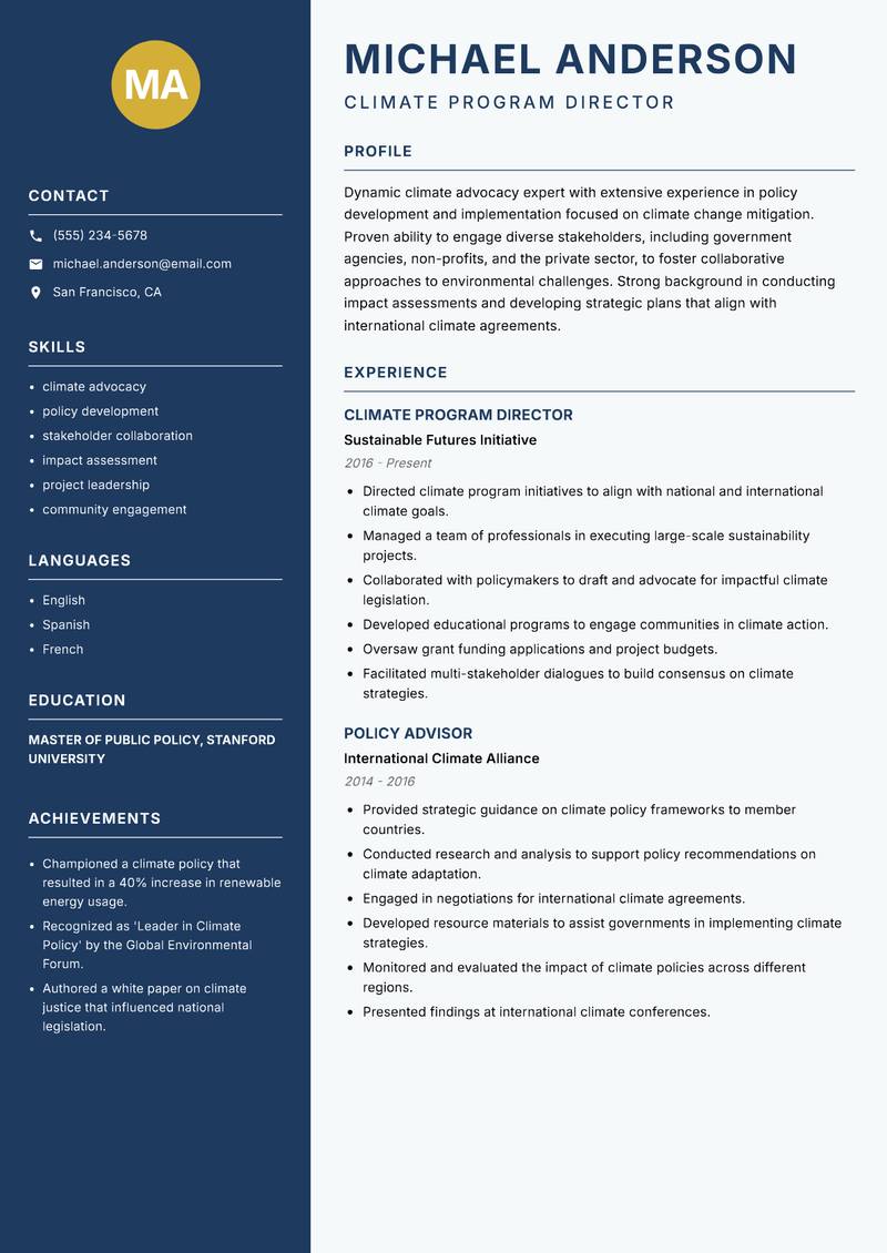 Climate Mitigation Manager resume sample — Climate Program Director focus