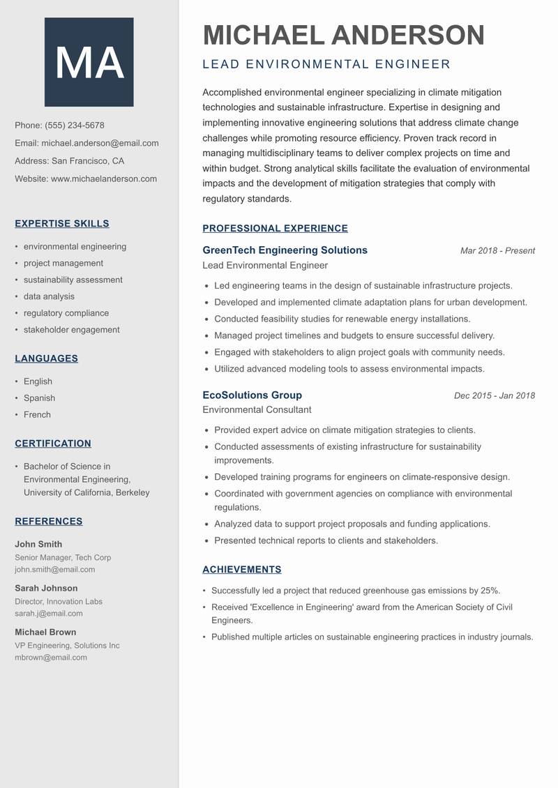 Climate Mitigation Manager resume sample — Lead Environmental Engineer focus