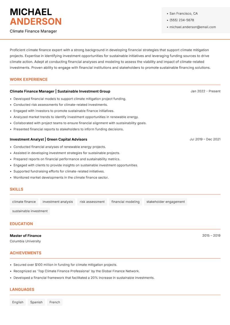 Climate Mitigation Manager resume sample — Climate Finance Manager focus