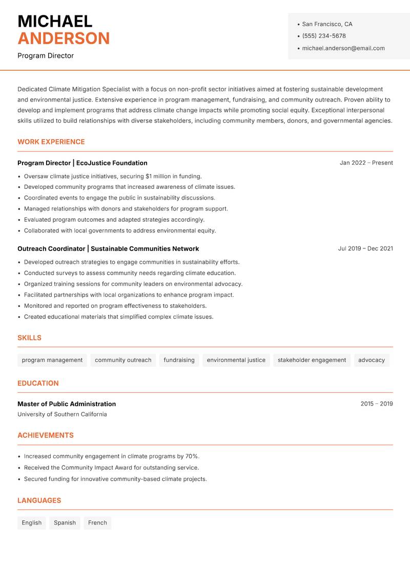 Climate Mitigation Specialist resume sample — Program Director focus