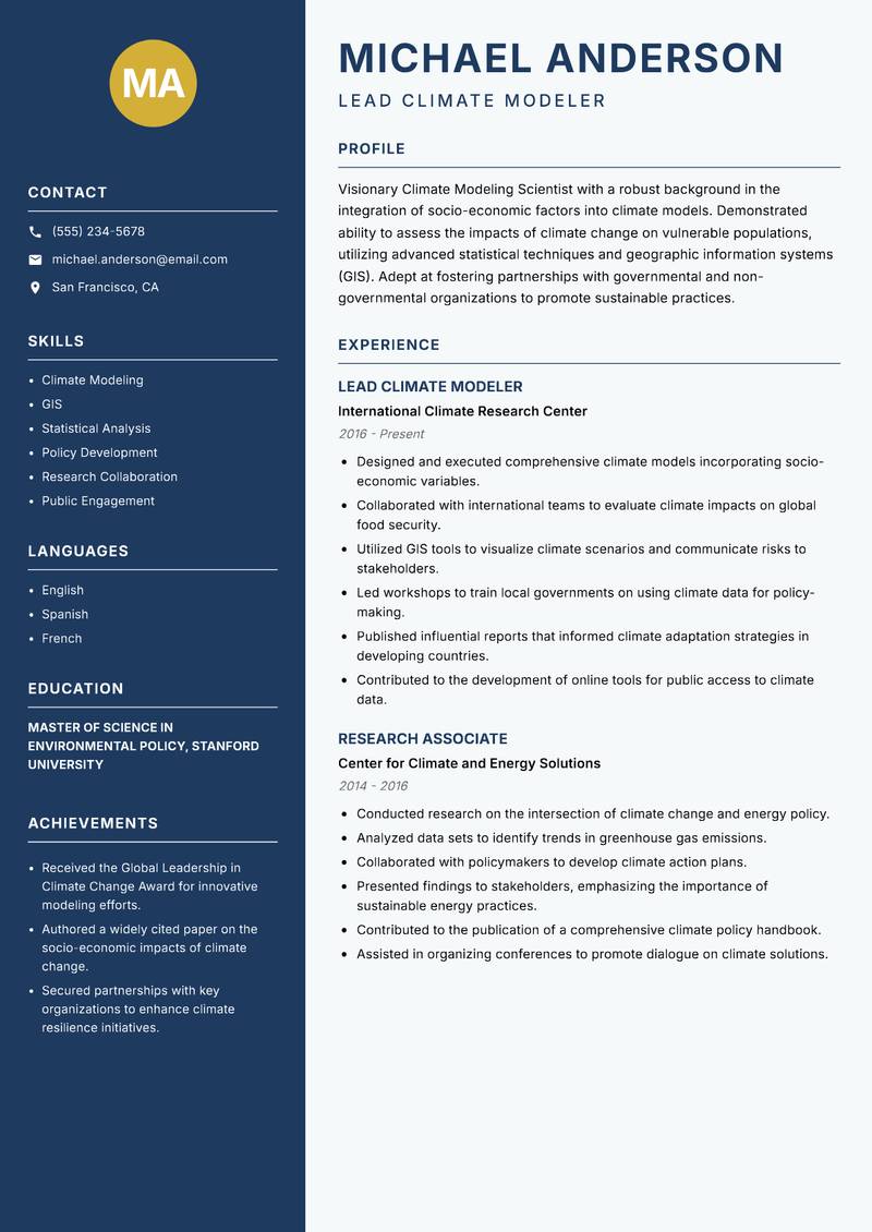 Climate Modeling Scientist resume sample — Lead Climate Modeler focus